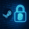 Digital graphic featuring a glowing padlock over the Steam logo, with a binary code background, symbolizing data breach and online data protection.