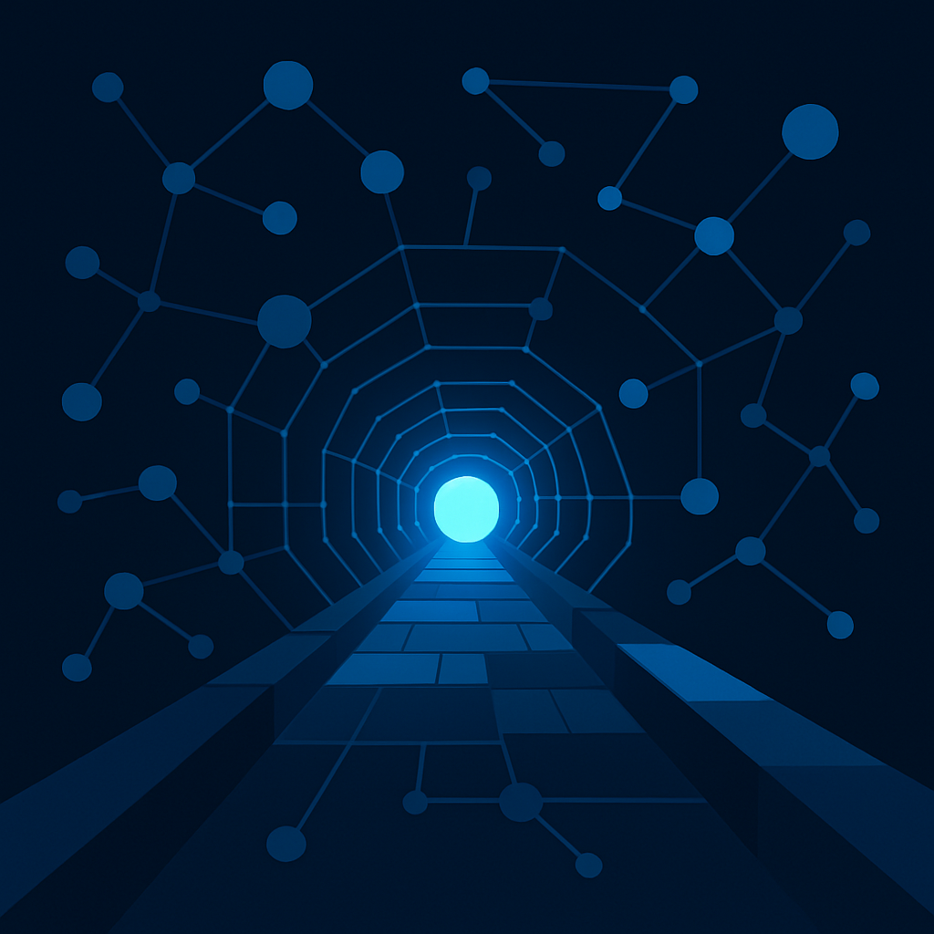 A secure digital tunnel branching across a global network, symbolizing the decentralized nature of VALT’s dVPN technology.